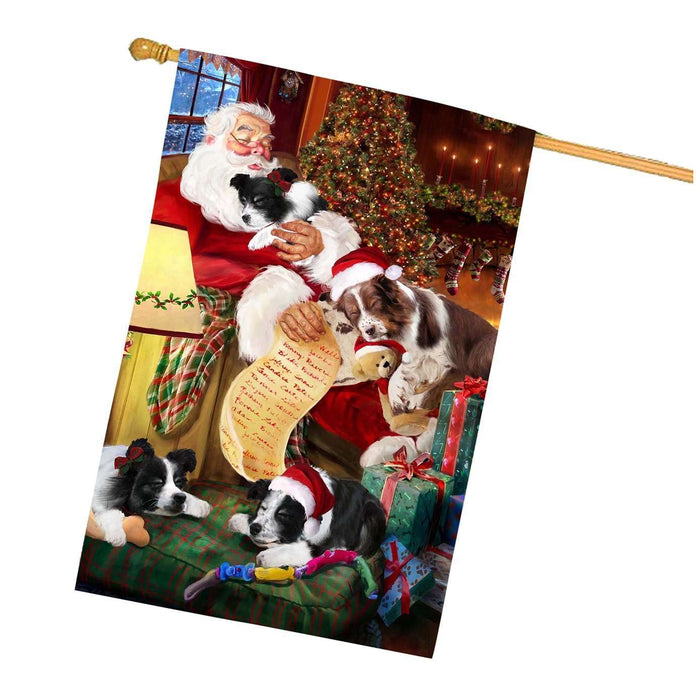 Border Collie Dog and Puppies Sleeping with Santa House Flag