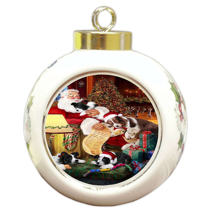 Border Collie Dog and Puppies Sleeping with Santa Round Ball Christmas Ornament