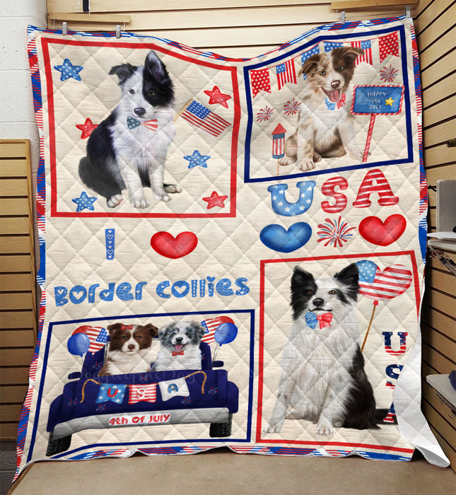 4th of July Independence Day I Love USA Border Collie Dogs Quilt Bed Coverlet Bedspread - Pets Comforter Unique One-side Animal Printing - Soft Lightweight Durable Washable Polyester Quilt