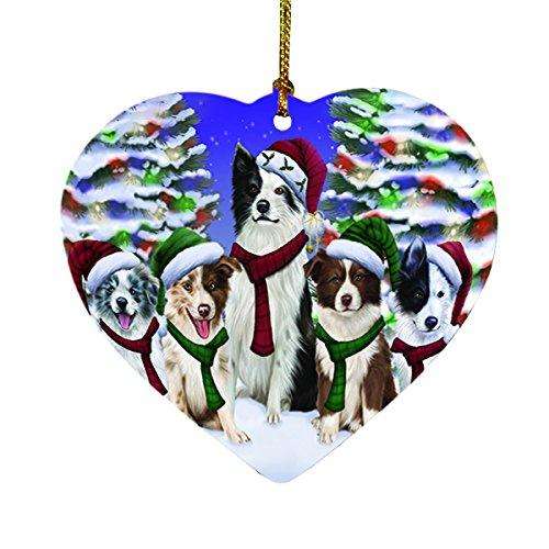Border Collies Dog Christmas Family Portrait in Holiday Scenic Background Heart Ornament D134