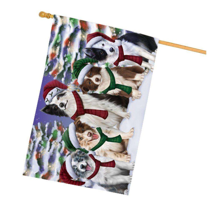 Border Collies Dog Christmas Family Portrait in Holiday Scenic Background House Flag