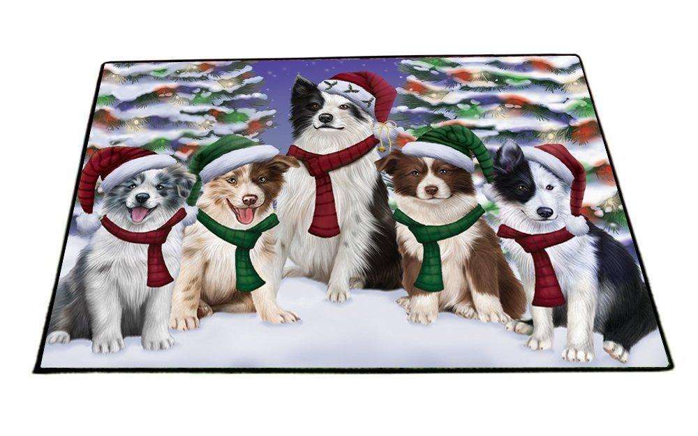 Border Collies Dog Christmas Family Portrait in Holiday Scenic Background Indoor/Outdoor Floormat