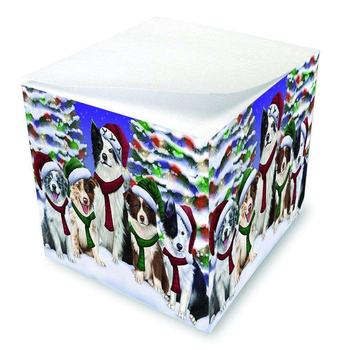 Border Collies Dog Christmas Family Portrait in Holiday Scenic Background Note Cube D154