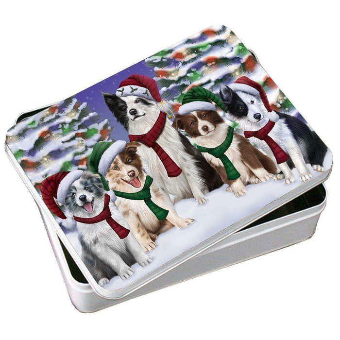 Border Collies Dog Christmas Family Portrait in Holiday Scenic Background Photo Storage Tin