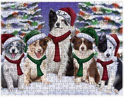 Border Collies Dog Christmas Family Portrait in Holiday Scenic Background Puzzle with Photo Tin