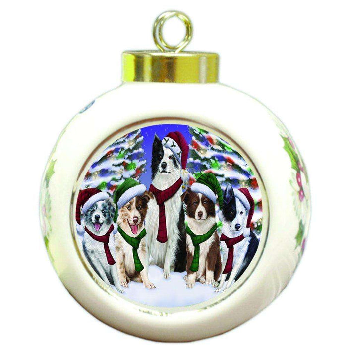 Border Collies Dog Christmas Family Portrait in Holiday Scenic Background Round Ball Ornament D134
