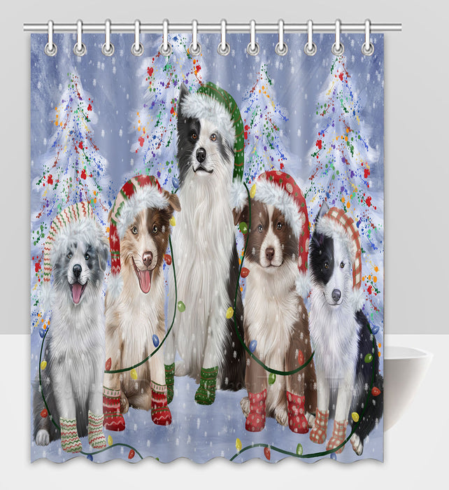Christmas Lights and Border Collie Dogs Shower Curtain Pet Painting Bathtub Curtain Waterproof Polyester One-Side Printing Decor Bath Tub Curtain for Bathroom with Hooks