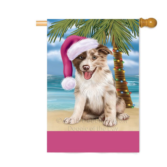 Personalized Summertime Happy Holidays Christmas Border Collie Dog on Tropical Island Beach Custom House Flag FLG-DOTD-A60475