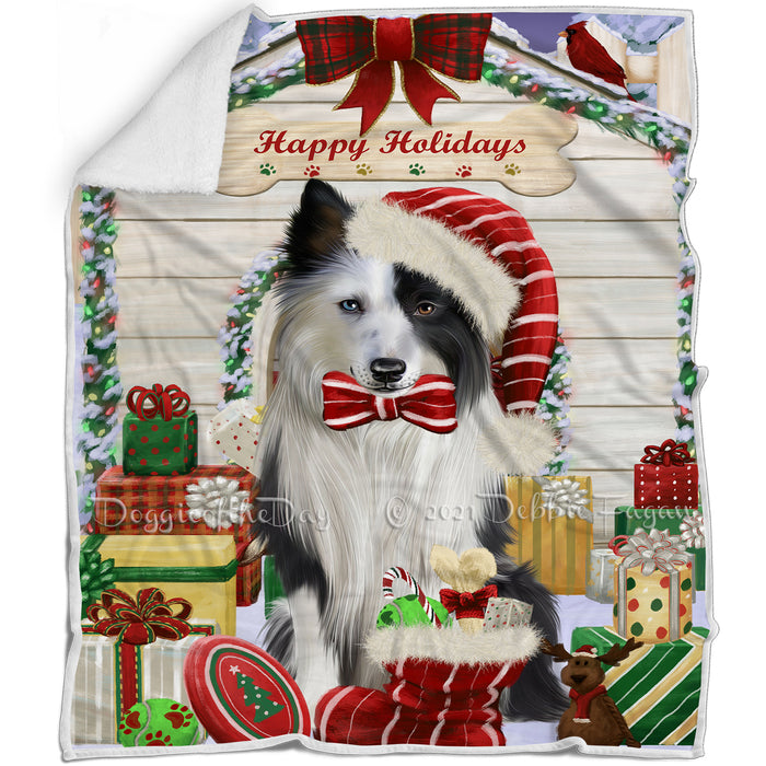 Happy Holidays Christmas Border Collie Dog House with Presents Blanket BLNKT78240