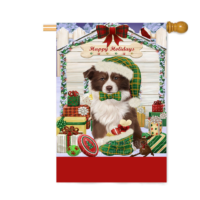Personalized Happy Holidays Christmas Border Collie Dog House with Presents Custom House Flag FLG-DOTD-A59336