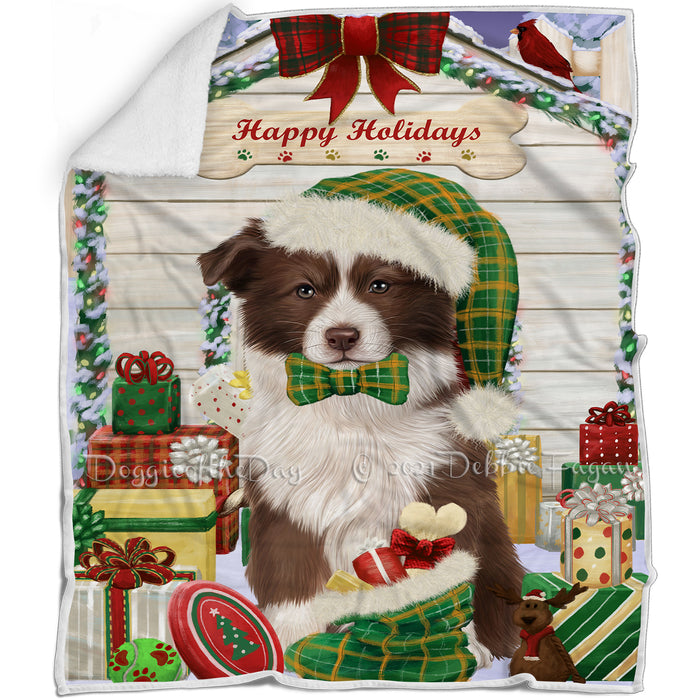 Happy Holidays Christmas Border Collie Dog House with Presents Blanket BLNKT78213