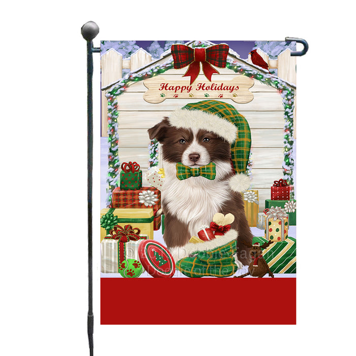 Personalized Happy Holidays Christmas Border Collie Dog House with Presents Custom Garden Flags GFLG-DOTD-A59280