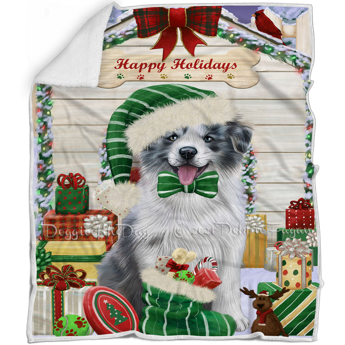 Happy Holidays Christmas Border Collie Dog House with Presents Blanket BLNKT78222