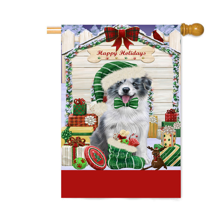 Personalized Happy Holidays Christmas Border Collie Dog House with Presents Custom House Flag FLG-DOTD-A59337