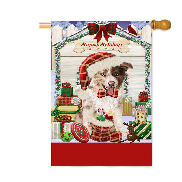 Personalized Happy Holidays Christmas Border Collie Dog House with Presents Custom House Flag FLG-DOTD-A59338