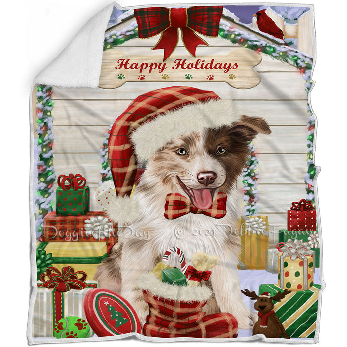 Happy Holidays Christmas Border Collie Dog House with Presents Blanket BLNKT78231