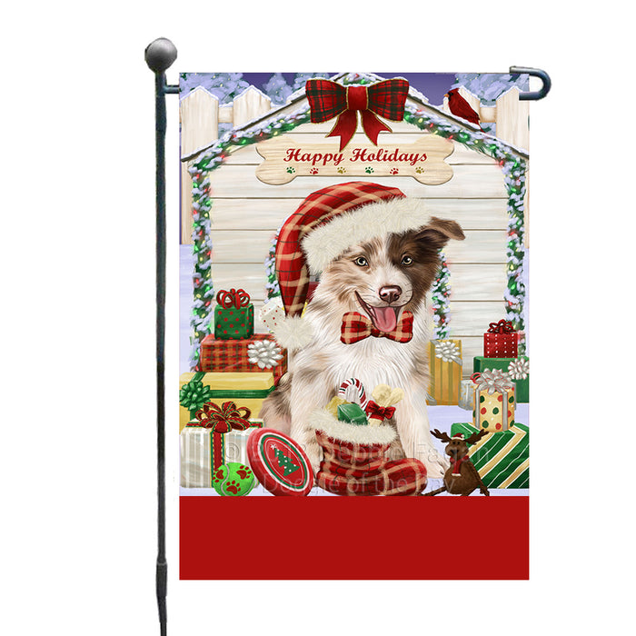 Personalized Happy Holidays Christmas Border Collie Dog House with Presents Custom Garden Flags GFLG-DOTD-A59282