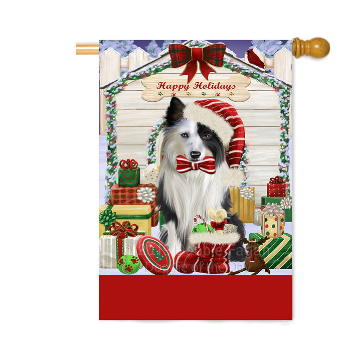 Personalized Happy Holidays Christmas Border Collie Dog House with Presents Custom House Flag FLG-DOTD-A59339