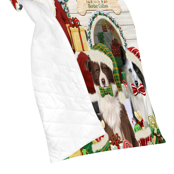 Happy Holidays Christmas Border Collie Dogs House Gathering Quilt