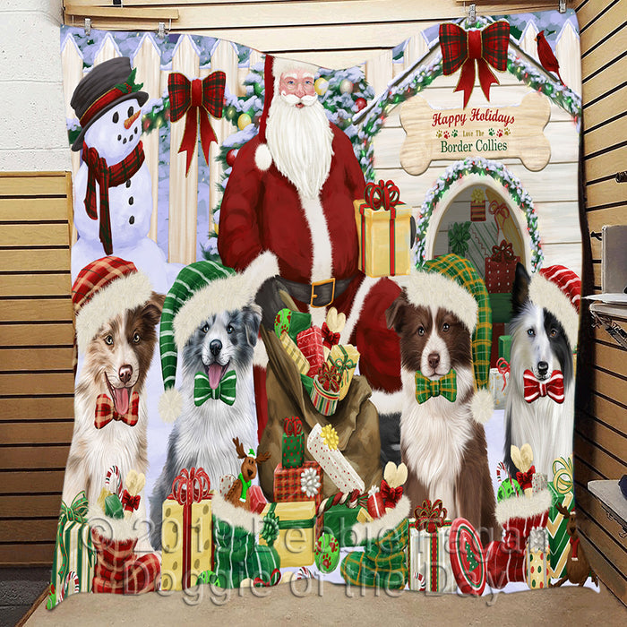 Happy Holidays Christmas Border Collie Dogs House Gathering Quilt