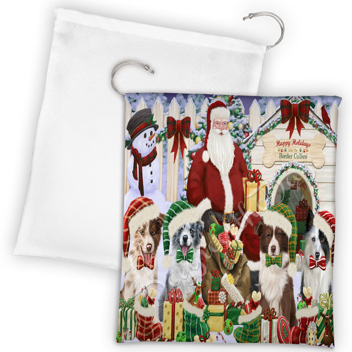 Happy Holidays Christmas Border Collie Dogs House Gathering Drawstring Laundry or Gift Bag LGB48025