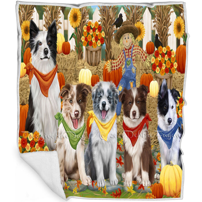 Fall Festive Gathering Border Collies Dog with Pumpkins Blanket BLNKT71724