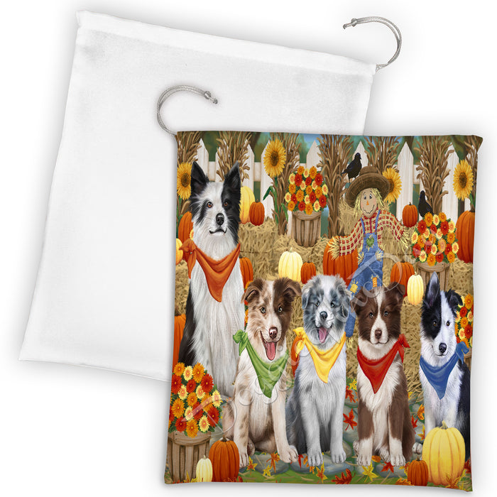 Fall Festive Harvest Time Gathering Border Collie Dogs Drawstring Laundry or Gift Bag LGB48383