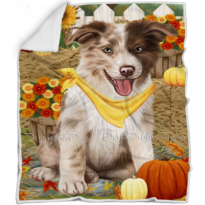 Fall Autumn Greeting Border Collie Dog with Pumpkins Blanket BLNKT72318