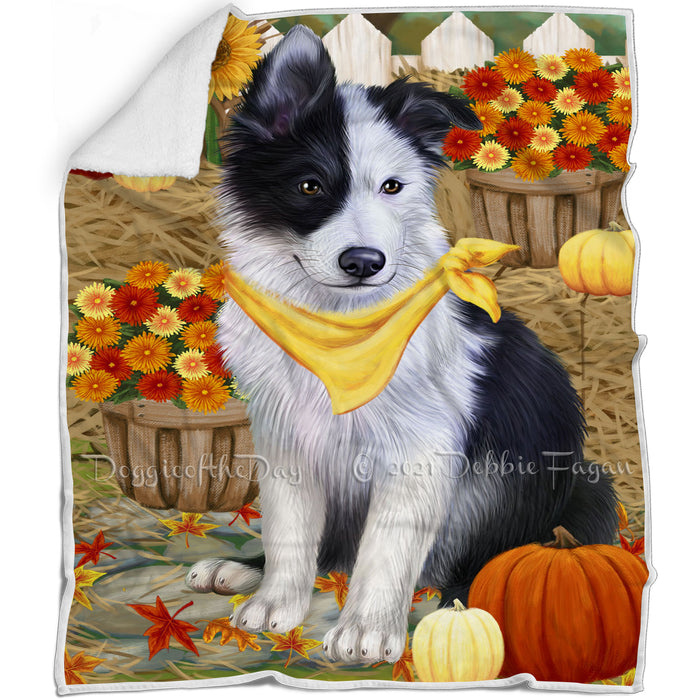 Fall Autumn Greeting Border Collie Dog with Pumpkins Blanket BLNKT72336