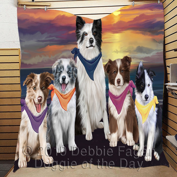 Family Sunset Portrait Border Collie Dogs Quilt
