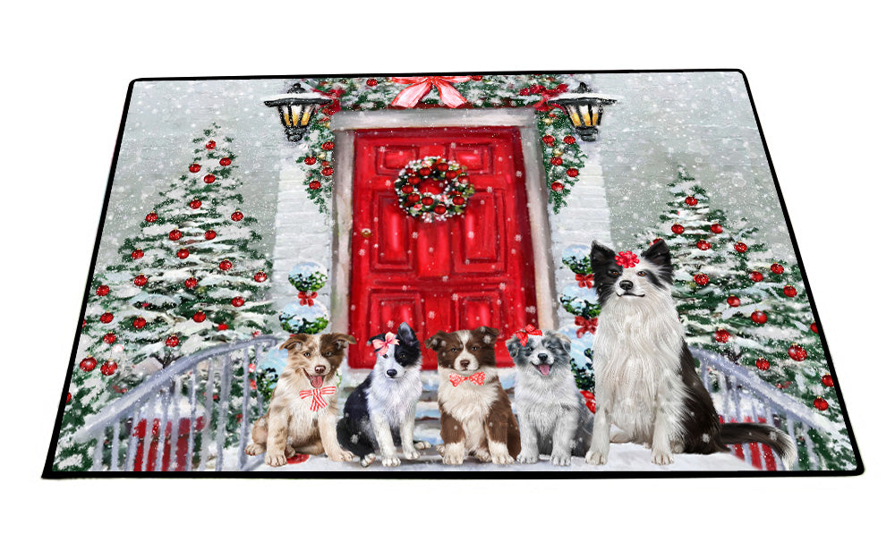 Christmas Holiday Welcome Border Collie Dogs Floor Mat- Anti-Slip Pet Door Mat Indoor Outdoor Front Rug Mats for Home Outside Entrance Pets Portrait Unique Rug Washable Premium Quality Mat