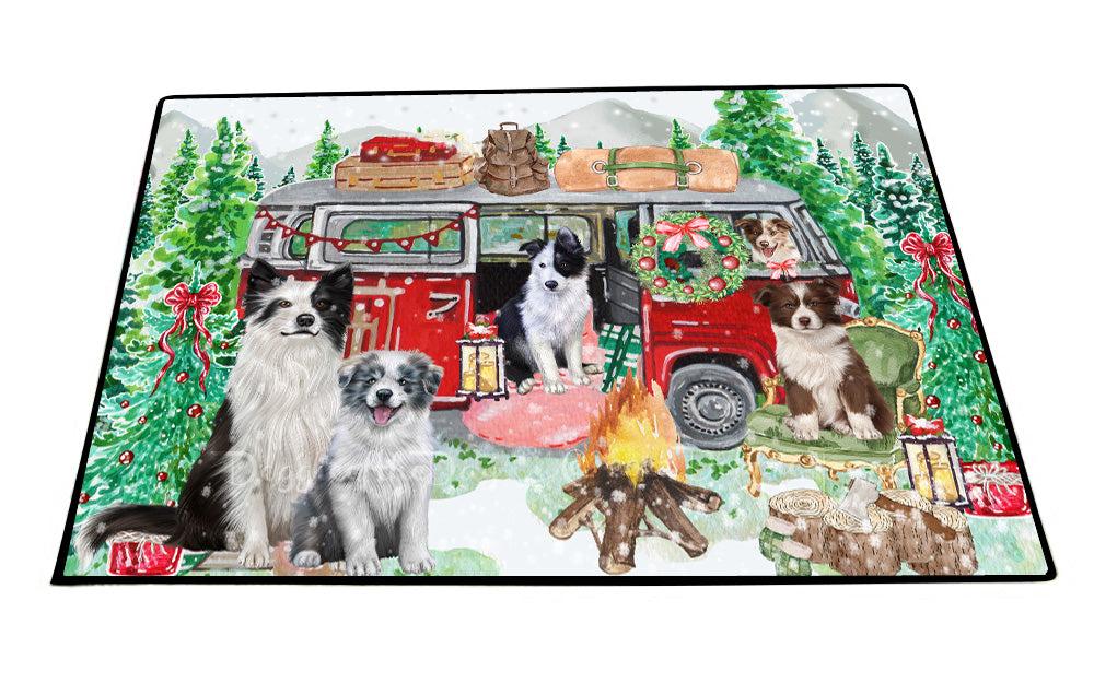 Christmas Time Camping with Border Collie Dogs Floor Mat- Anti-Slip Pet Door Mat Indoor Outdoor Front Rug Mats for Home Outside Entrance Pets Portrait Unique Rug Washable Premium Quality Mat