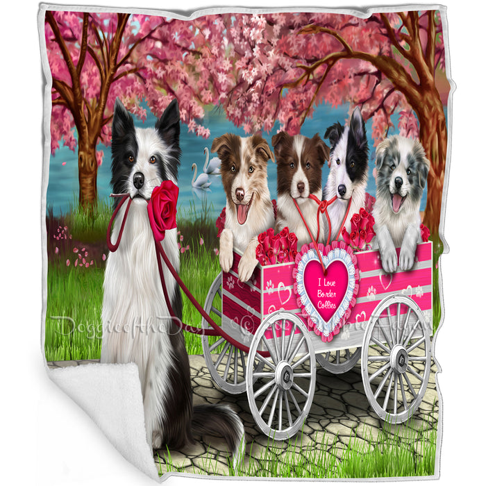 I Love Border Collie Dogs in a Cart Art Portrait Print Woven Throw Sherpa Plush Fleece Blanket
