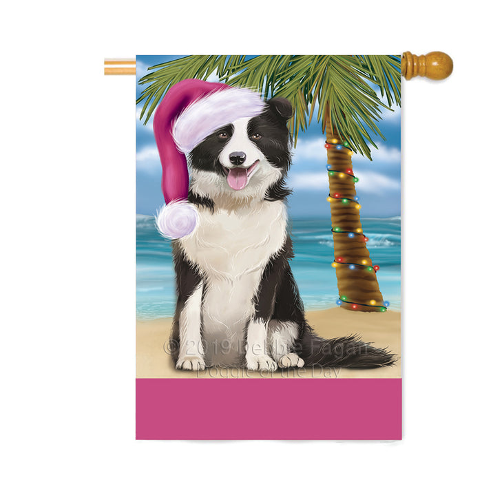 Personalized Summertime Happy Holidays Christmas Border Collie Dog on Tropical Island Beach Custom House Flag FLG-DOTD-A60476
