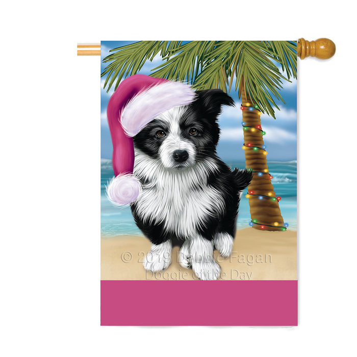 Personalized Summertime Happy Holidays Christmas Border Collie Dog on Tropical Island Beach Custom House Flag FLG-DOTD-A60477