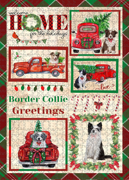 Welcome Home for Christmas Holidays Border Collie Dogs Portrait Jigsaw Puzzle for Adults Animal Interlocking Puzzle Game Unique Gift for Dog Lover's with Metal Tin Box