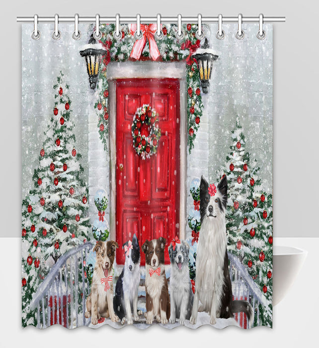 Christmas Holiday Welcome Border Collie Dogs Shower Curtain Pet Painting Bathtub Curtain Waterproof Polyester One-Side Printing Decor Bath Tub Curtain for Bathroom with Hooks