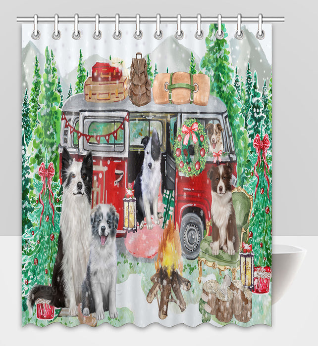 Christmas Time Camping with Border Collie Dogs Shower Curtain Pet Painting Bathtub Curtain Waterproof Polyester One-Side Printing Decor Bath Tub Curtain for Bathroom with Hooks