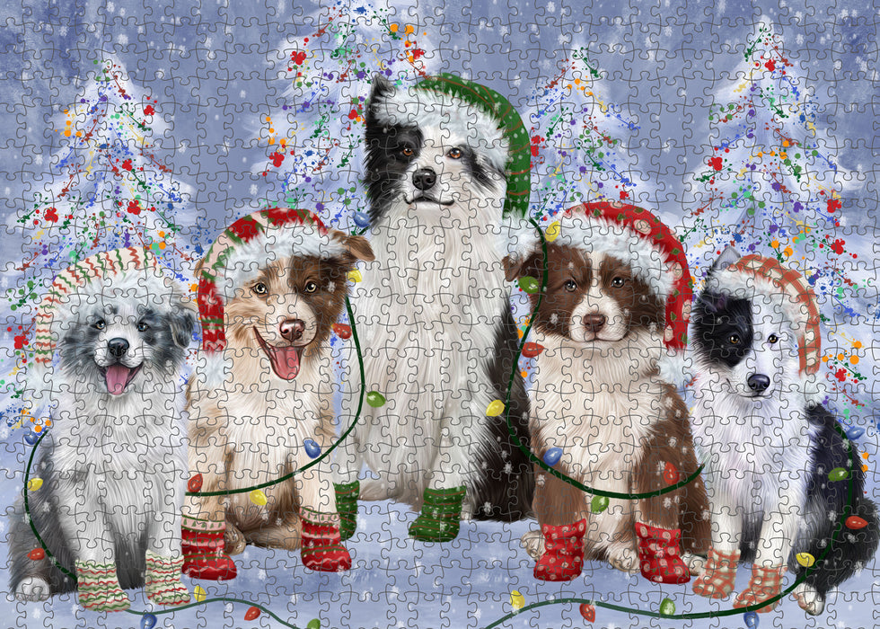 Christmas Lights and Border Collie Dogs Portrait Jigsaw Puzzle for Adults Animal Interlocking Puzzle Game Unique Gift for Dog Lover's with Metal Tin Box