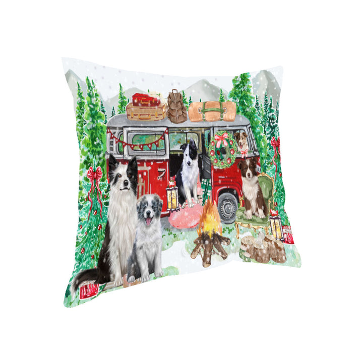 Christmas Time Camping with Border Collie Dogs Pillow with Top Quality High-Resolution Images - Ultra Soft Pet Pillows for Sleeping - Reversible & Comfort - Ideal Gift for Dog Lover - Cushion for Sofa Couch Bed - 100% Polyester