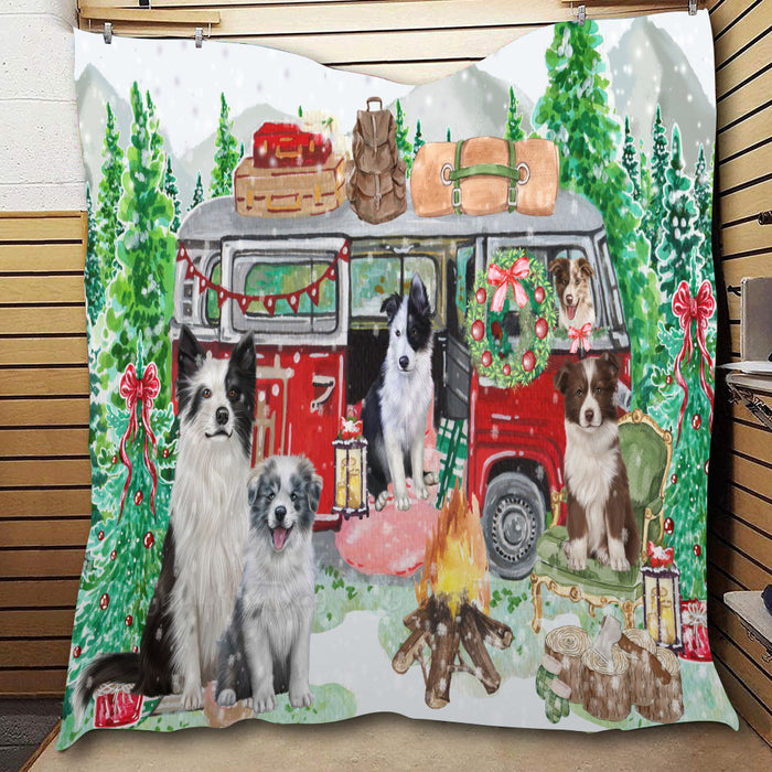 Christmas Time Camping with Border Collie Dogs  Quilt Bed Coverlet Bedspread - Pets Comforter Unique One-side Animal Printing - Soft Lightweight Durable Washable Polyester Quilt
