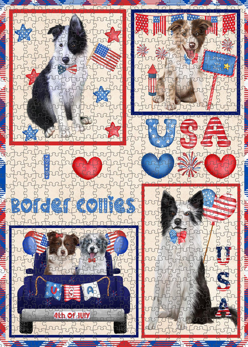 4th of July Independence Day I Love USA Border Collie Dogs Portrait Jigsaw Puzzle for Adults Animal Interlocking Puzzle Game Unique Gift for Dog Lover's with Metal Tin Box