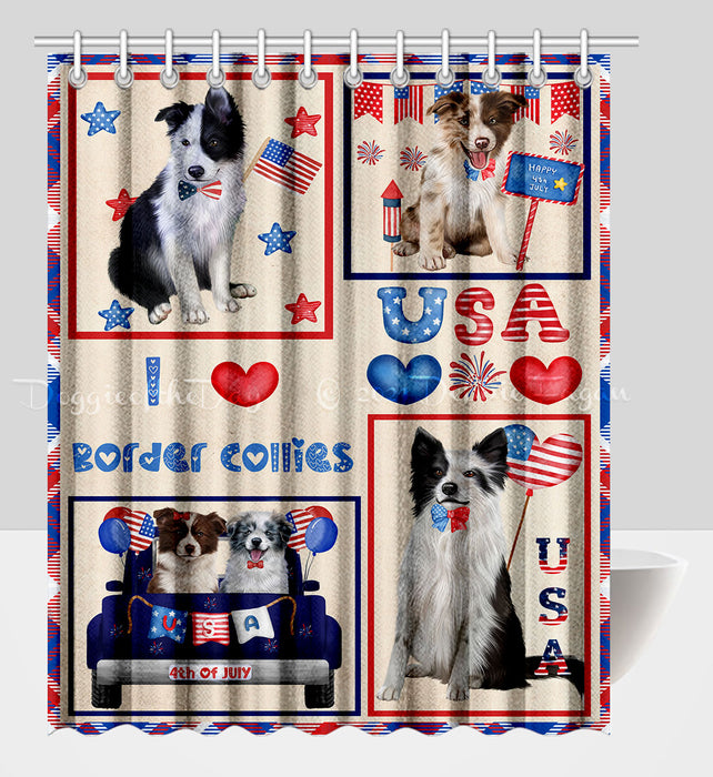 4th of July Independence Day I Love USA Border Collie Dogs Shower Curtain Pet Painting Bathtub Curtain Waterproof Polyester One-Side Printing Decor Bath Tub Curtain for Bathroom with Hooks