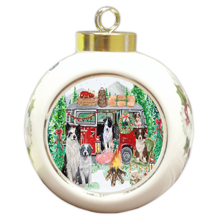 Christmas Time Camping with Border Collie Dogs Round Ball Christmas Ornament Pet Decorative Hanging Ornaments for Christmas X-mas Tree Decorations - 3" Round Ceramic Ornament