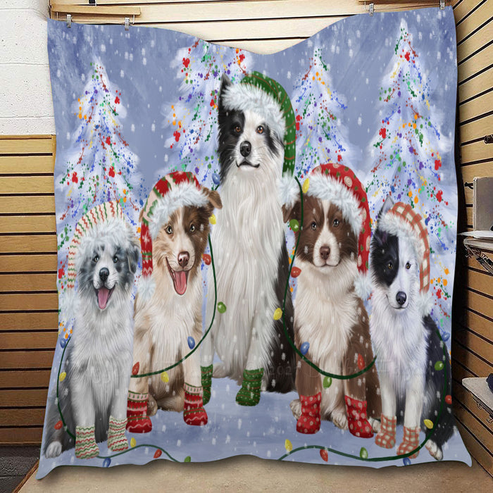 Christmas Lights and Border Collie Dogs  Quilt Bed Coverlet Bedspread - Pets Comforter Unique One-side Animal Printing - Soft Lightweight Durable Washable Polyester Quilt