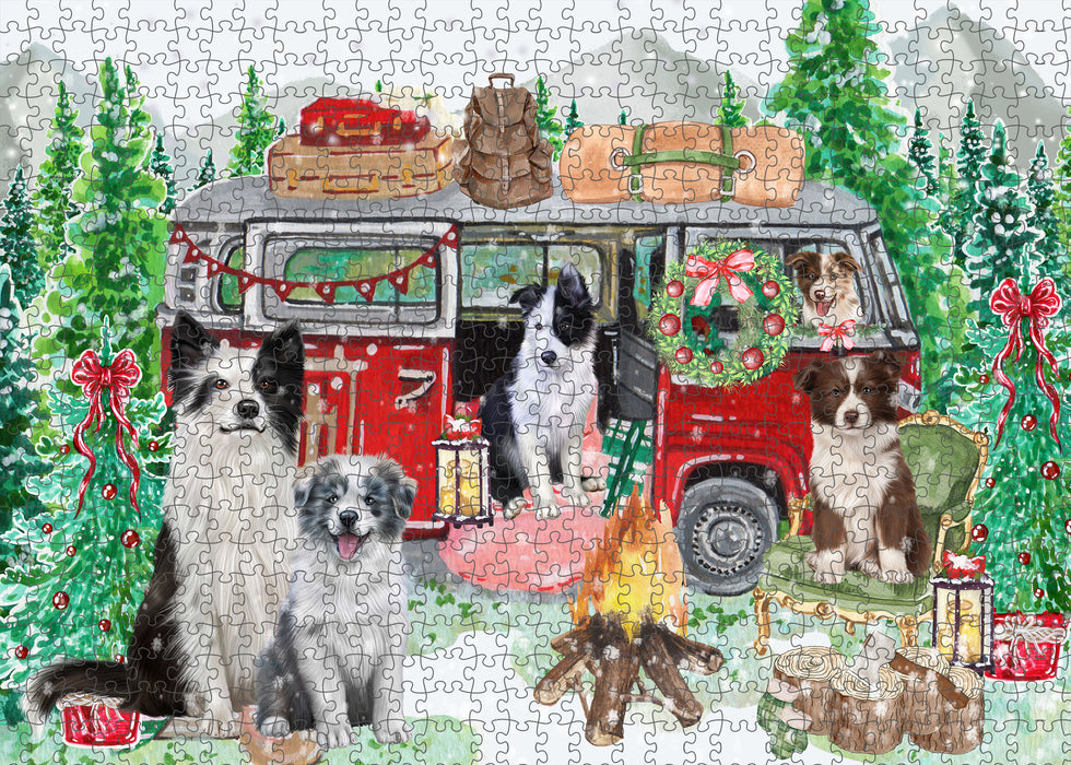 Christmas Time Camping with Border Collie Dogs Portrait Jigsaw Puzzle for Adults Animal Interlocking Puzzle Game Unique Gift for Dog Lover's with Metal Tin Box