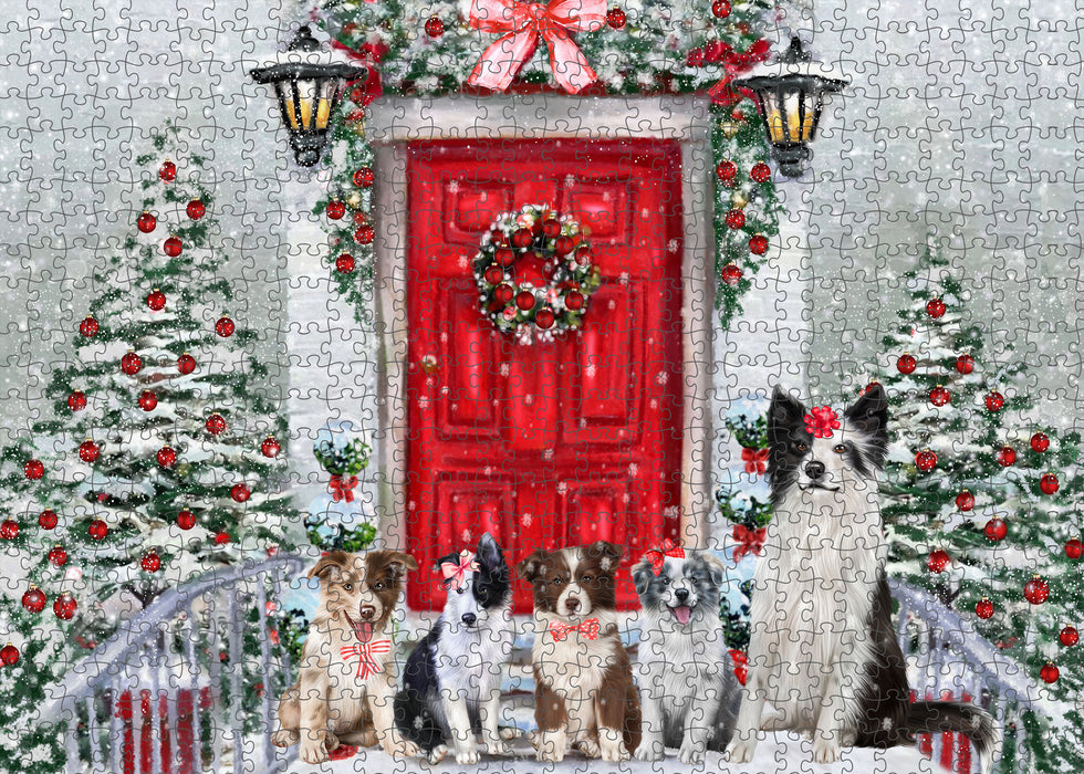 Christmas Holiday Welcome Border Collie Dogs Portrait Jigsaw Puzzle for Adults Animal Interlocking Puzzle Game Unique Gift for Dog Lover's with Metal Tin Box