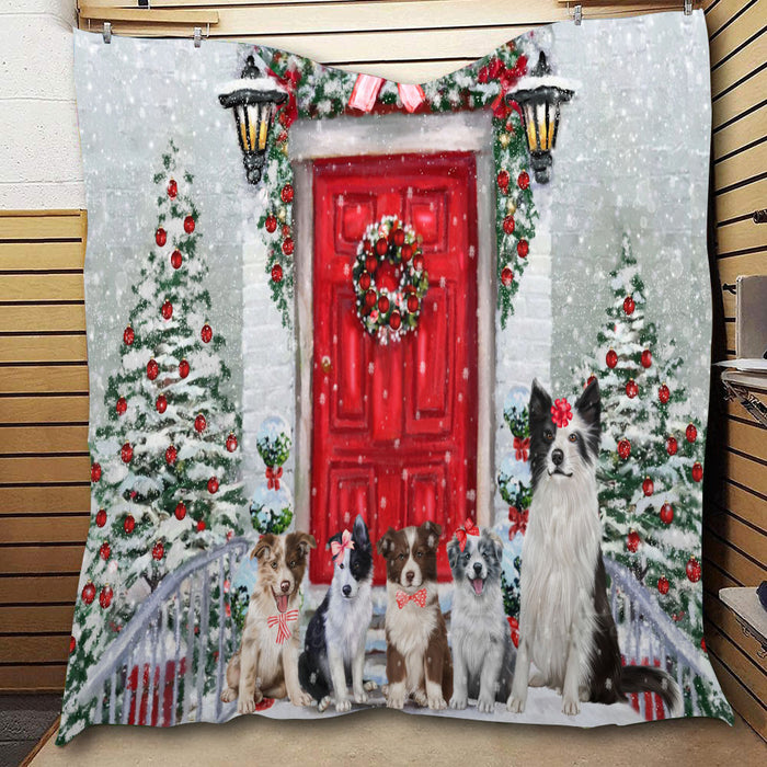 Christmas Holiday Welcome Border Collie Dogs  Quilt Bed Coverlet Bedspread - Pets Comforter Unique One-side Animal Printing - Soft Lightweight Durable Washable Polyester Quilt