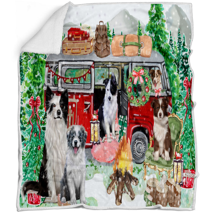 Christmas Time Camping with Border Collie Dogs Blanket - Lightweight Soft Cozy and Durable Bed Blanket - Animal Theme Fuzzy Blanket for Sofa Couch