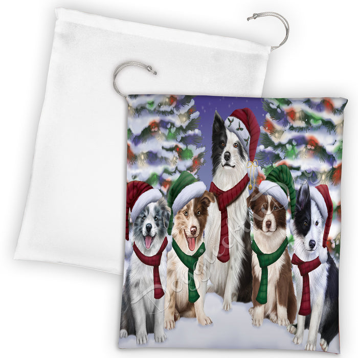 Border Collie Dogs Christmas Family Portrait in Holiday Scenic Background Drawstring Laundry or Gift Bag LGB48122